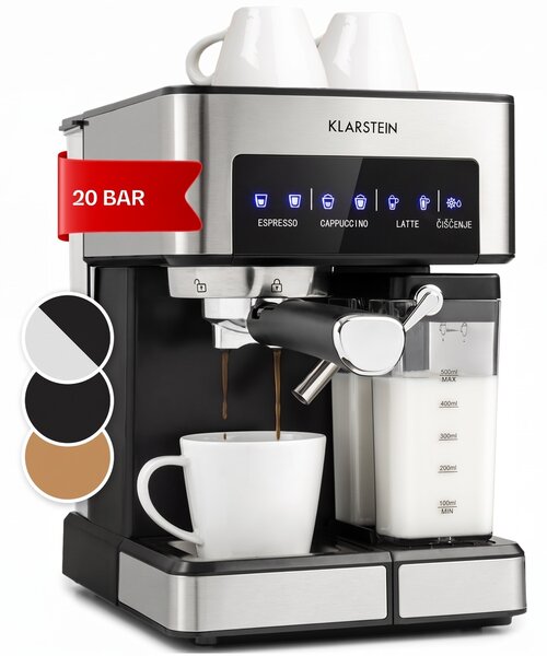 Klarstein Arabica Comfort kavni aparat s porta filtrom, 1350W, 20 barov, 1,8l, nadzorna plošča na dotik