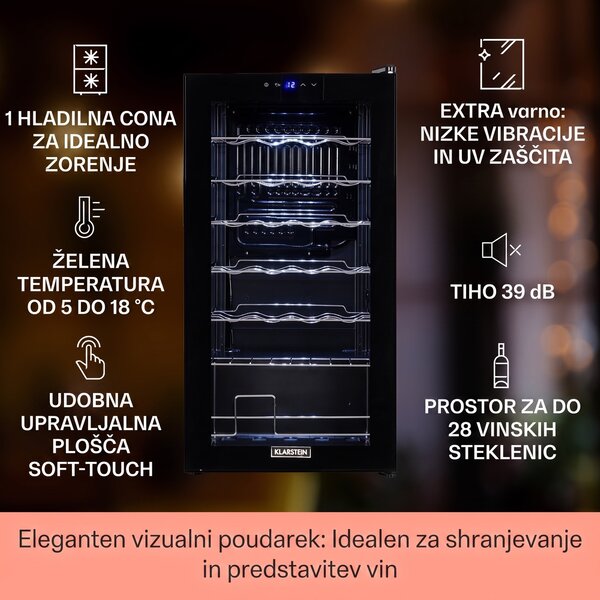 Klarstein Shiraz 28 Uno, hladilnik za vino, 74 l, 28 steklenic, nadzorna plošča na dotik, 5-18 °C