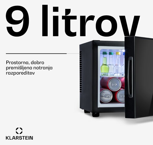 Klarstein Happy Hour, mini hladilnik, energijski razred A, vrata z ogledalnim steklom, 9 litrov, črn