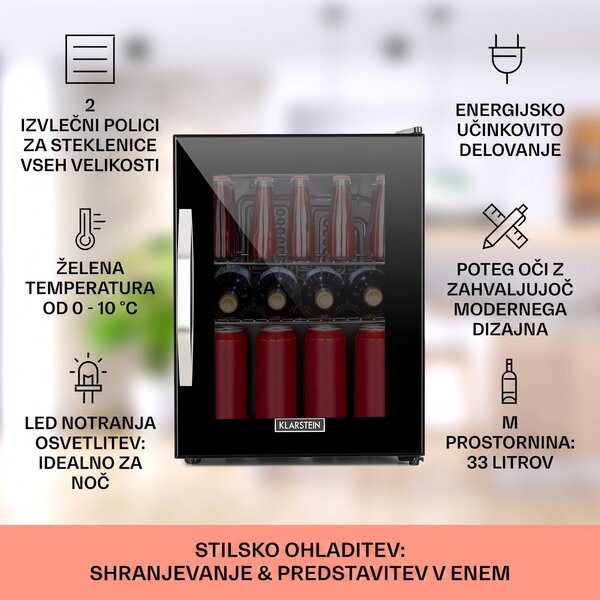 Klarstein Beersafe M Onyx, hladilnik, C, LED, dve kovinski rešetki, steklena vrata, onyx
