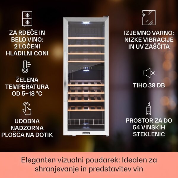Klarstein Vinamour 54D, vinska omara, 2 coni, 148 l, 54 steklenic, sprednja stran iz nerjavečega jekla