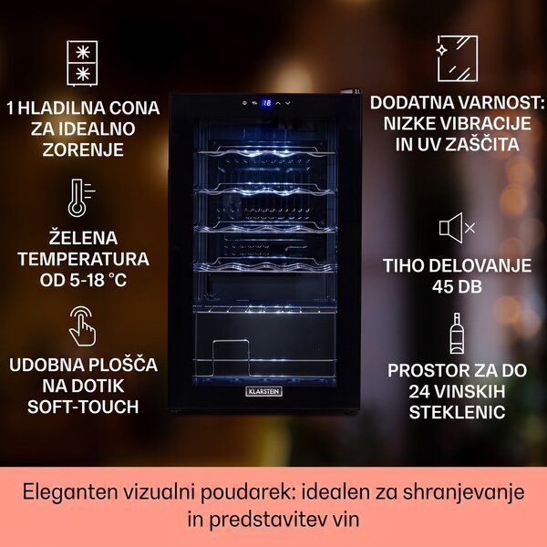 Klarstein Shiraz 24 Uno, vinoteka, 63 l, 24 steklenic, 5-18 °C, nadzorna plošča na dotik