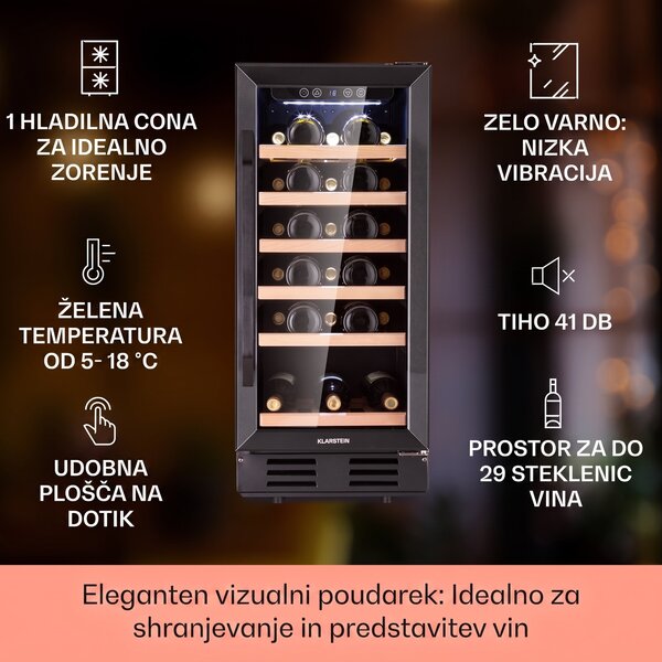 Klarstein Vinovilla 29 Built-In, vgradni hladilnik za vino, 81 l / 29 steklenic, 1 cona, steklena vrata, nerjaveče jeklo