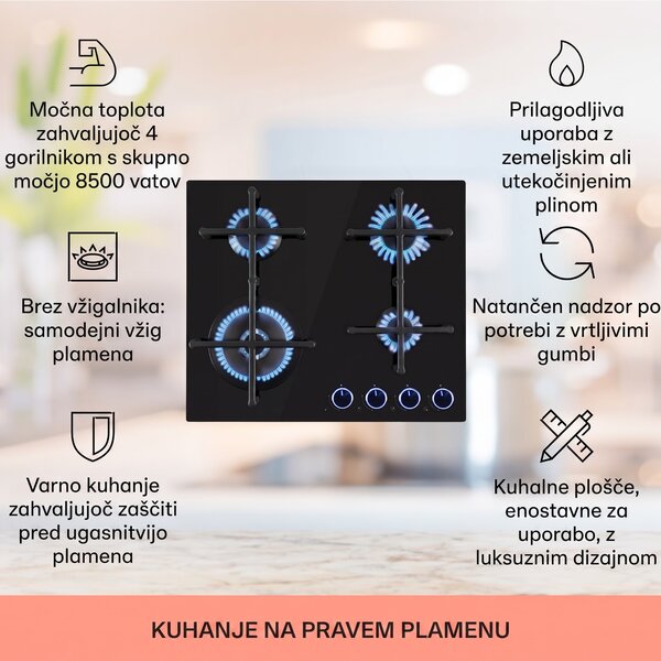 Klarstein Illuminosa 4, plinska kuhalna plošča, 4 gorilniki Sabaf, steklokeramika