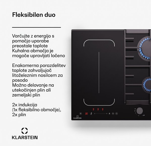 Klarstein MultiChef 4, indukcijska in plinska kuhalna plošča, 4 kuhališča, 2 plinska gorilnika, 2 indukcijski kuhališči, FlexZone