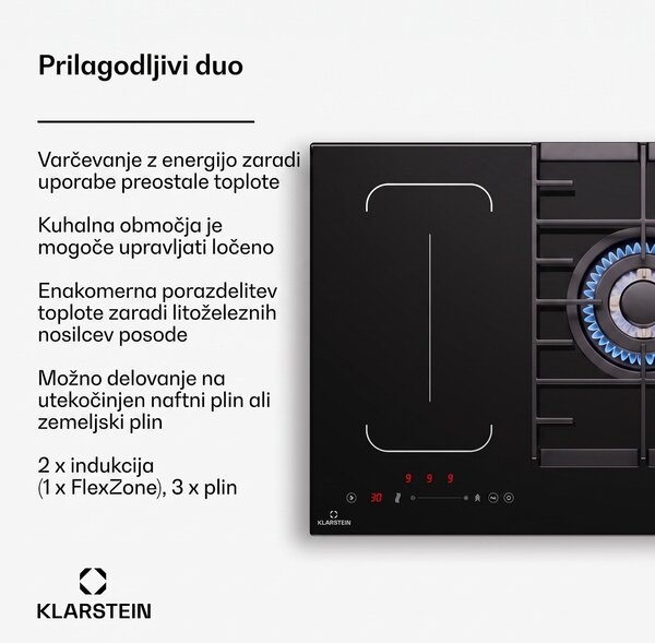 Klarstein MultiChef 5, indukcijska in plinska kuhalna plošča, 5 kuhališč, 3 plinski gorilniki, 2 indukcijski kuhališči, FlexZone