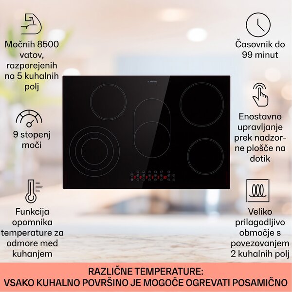 Klarstein Virtuosa 5, vgradna kuhalna plošča, 5 con, 8500 W, steklokeramika
