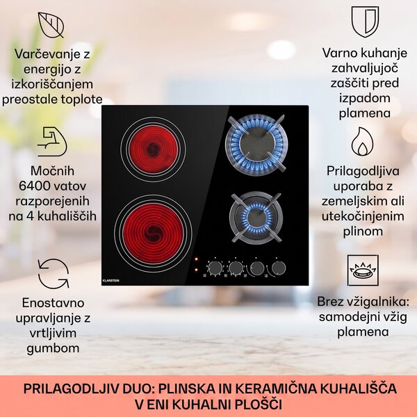 Klarstein MultiChef 4, kombinirana plinska kuhalna plošča, plinsko / steklokeramična, 4 cone
