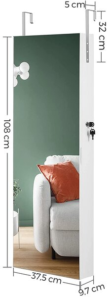Držalo za nakit, omarica za nakit, stenski organizator za shranjevanje na zaklepanje 37,5 x 108 x 9,7 cm, bel | SONGMICS