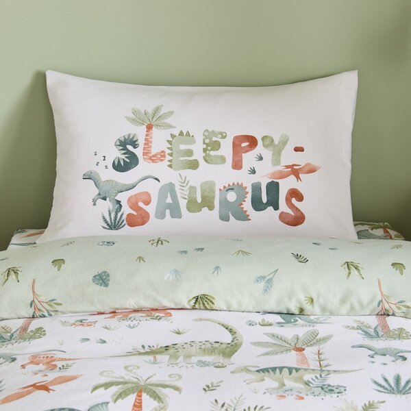Kremno bela enojna flanelna otroška posteljnina 135x200 cm Brushed Sleepy Saurus Dino – Catherine Lansfield