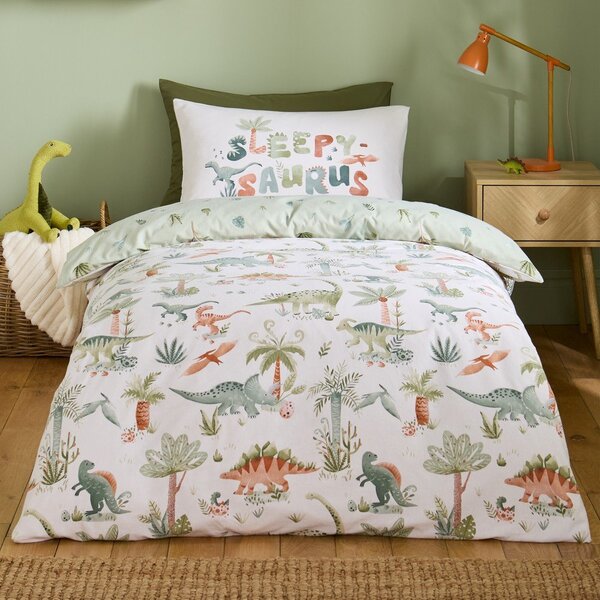 Kremno bela enojna flanelna otroška posteljnina 135x200 cm Brushed Sleepy Saurus Dino – Catherine Lansfield