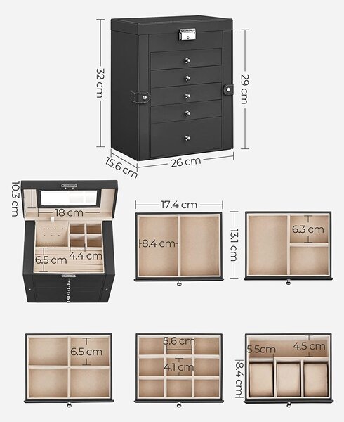 6-nivojska škatla za nakit z ogledalom in zaponko | SONGMICS