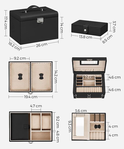 Škatla za nakit z 2 predaloma ogledalo, črna | SONGMICS