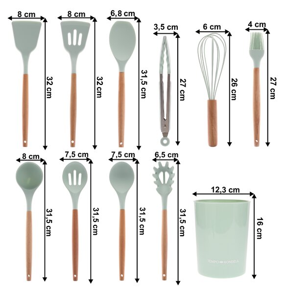 KONDELA Komplet kuhinjskih pripomočkov, 11 kosov, s stojalom, neomint, SALVA