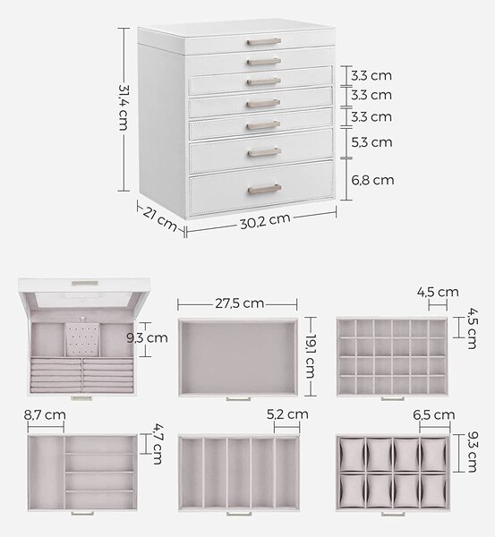 Velika škatla za nakit, organizator nakita s 6 nivoji in 5 predali, bela | SONGMICS