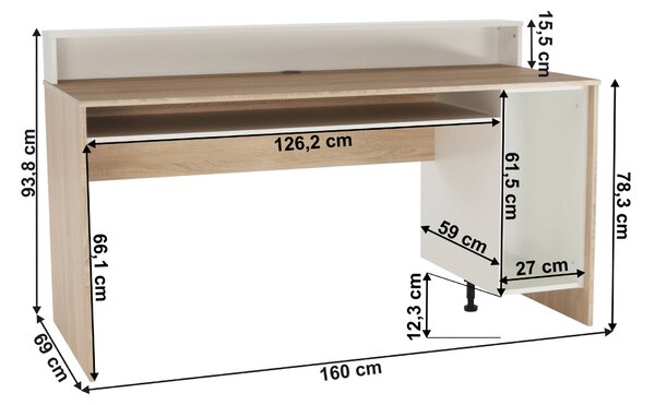 KONDELA Računalniška miza/igralniška miza, hrast sonoma/bela, TEZRO NEW