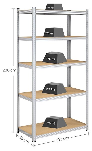 5-nadstropno veliko garažno stojalo za shranjevanje 100 x 200 x 50 cm, srebrna | SONGMICS