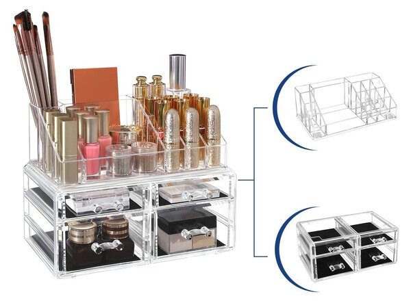 Akrilni organizator ličil za shranjevanje kozmetičnega nakita s 4 prozornimi predali | SONGMICS