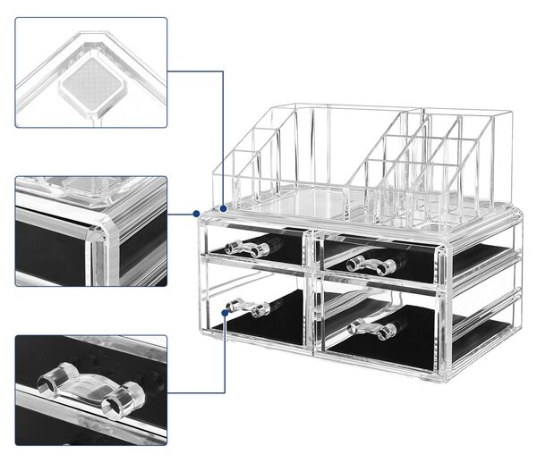 Akrilni organizator ličil za shranjevanje kozmetičnega nakita s 4 prozornimi predali | SONGMICS