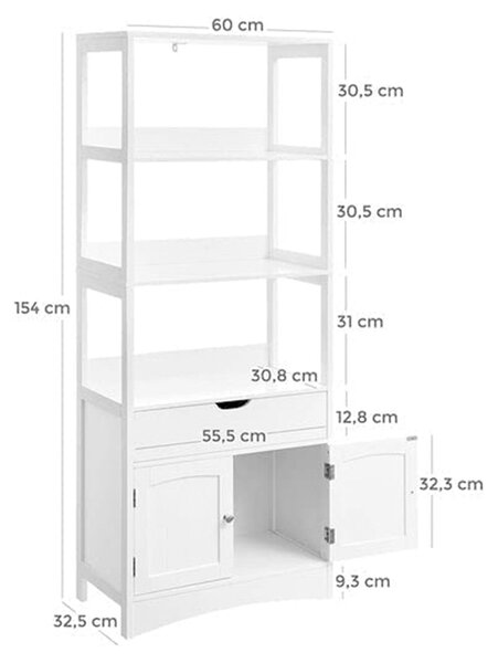 Omara za shranjevanje, visoka omara s 3 policami, bela | VASAGLE