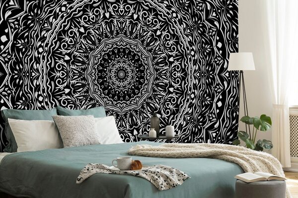 Tapeta Mandala v vintage stilu v črnobeli varianti