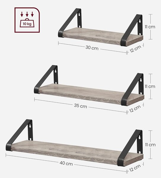 Komplet 3 stenskih polic različnih velikosti, 30/35/40 x 12 x 11 cm, sivo-črna | VASAGLE