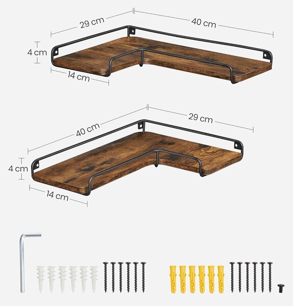 Komplet 2 stenskih kotnih polic, 40 x 29 x 14 cm, vintage rjava in črna | VASAGLE
