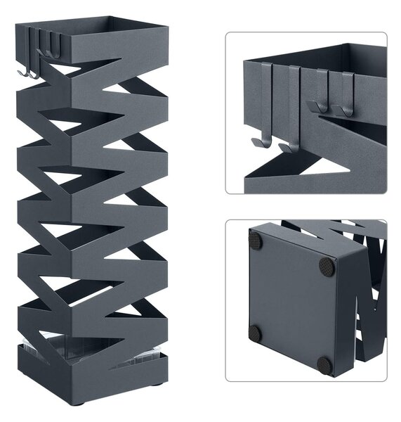 Kovinsko stojalo za dežnike s kavlji in posodo za vodo, temno siva | SONGMICS