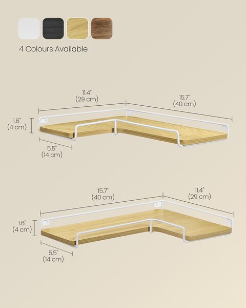 Komplet 2 stenskih, kotnih polic, 28,96 x 39,88 x 1,27 cm, hrast in bela | VASAGLE