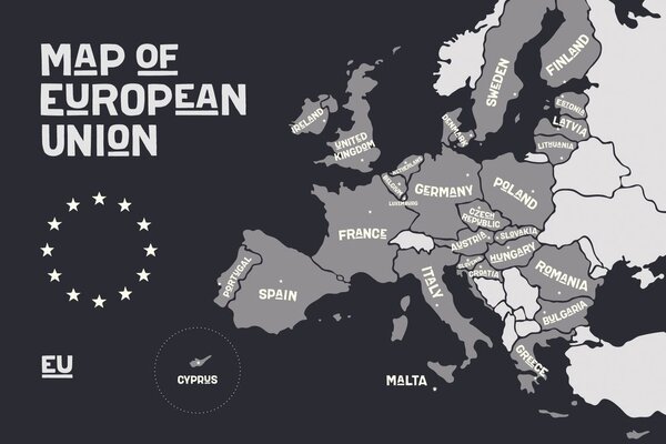 Tapeta črnobel zemljevid z imeni držav EU