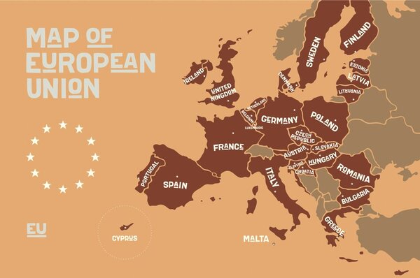 Tapeta rjavi zemljevid z imeni držav v EU