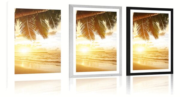 Plakat s paspartujem sončni zahod na karibski plaži