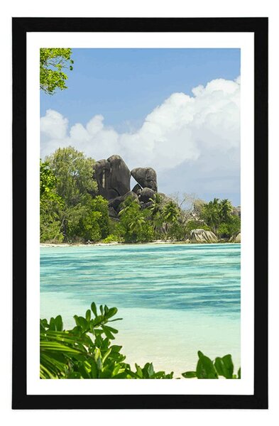 Plakat s paspartujem čudovita plaža na otoku La Digue