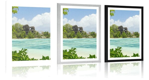 Plakat s paspartujem čudovita plaža na otoku La Digue