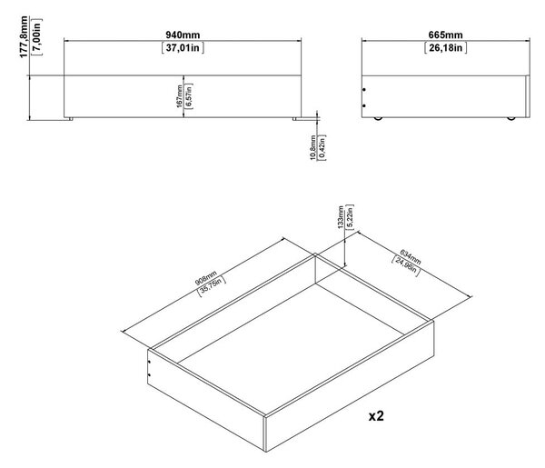 Beli predali za pod posteljo v kompletu 2 ks 90x190/140x190 cm Naia – Tvilum