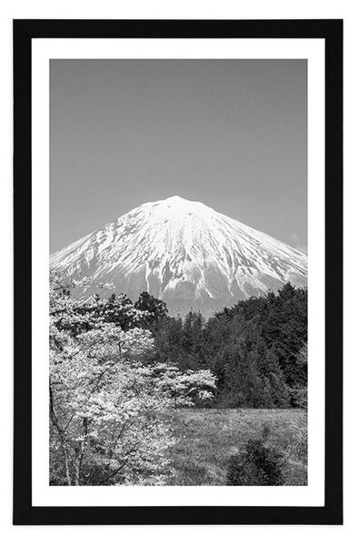 Plakat s paspartujem gora Fuji v črnobeli varianti