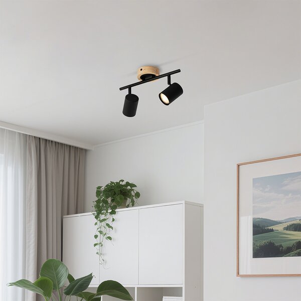 Moderni reflektor črne barve z lesom, nagibljiv 2-luč - Jeana