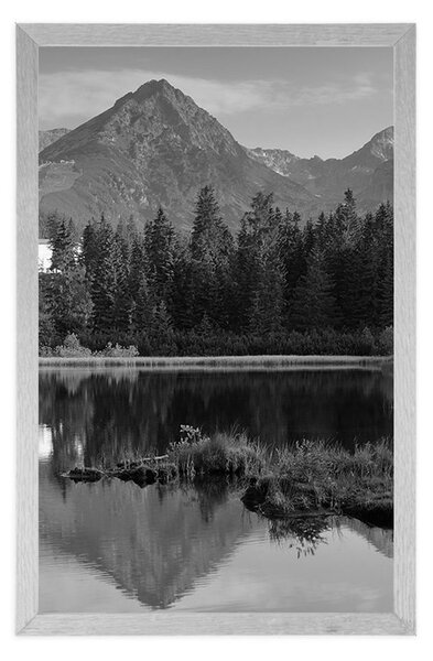 Plakat čudovita gorska panorama z jezerom v črnobeli varianti