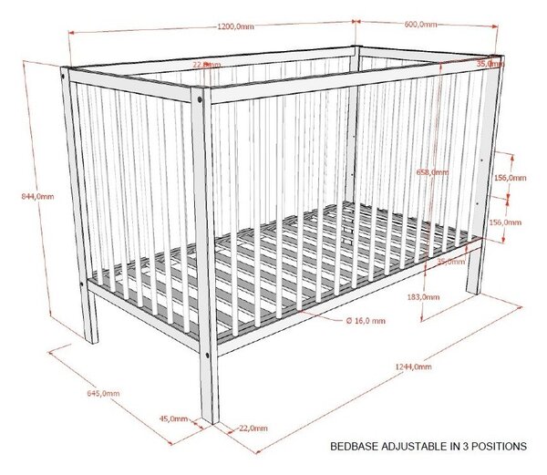 Rjava otroška posteljica iz masivne bukve z nastavljivo višino 60x120 cm Dino – Vipack