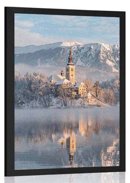 Plakat cerkev na Blejskem jezeru v Sloveniji