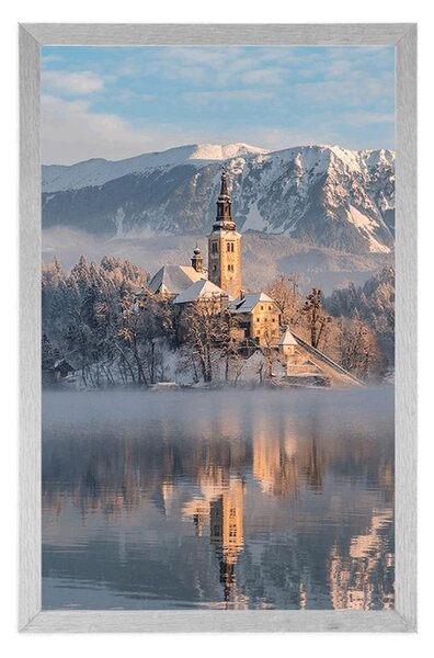 Plakat cerkev na Blejskem jezeru v Sloveniji