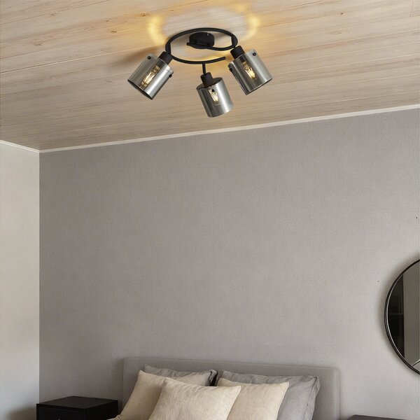 Dizajnerski stropni reflektor črn z okroglim dimnim steklom s 3 lučmi - Domo