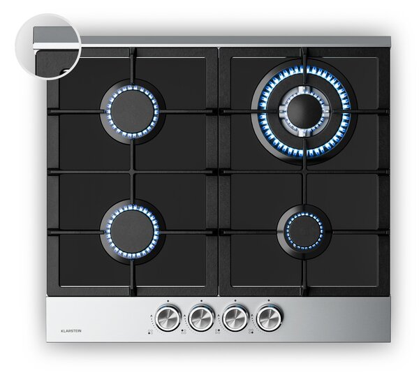 Klarstein Verosteel Gaskookplaat, 60 Cm, 4 Pitten, 8000 W, Glas En Roestvrij Staal Lpg Aardgas Elektrische Ontsteking Vlambeveiliging Kookplaataccessoireset Zwart Staal 2331341219