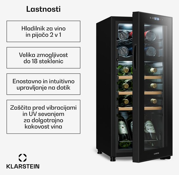 Klarstein Bovella 18 Duo+, dvo-conski hladilnik za vino, 50 l, 18 stekl., steklena vrata
