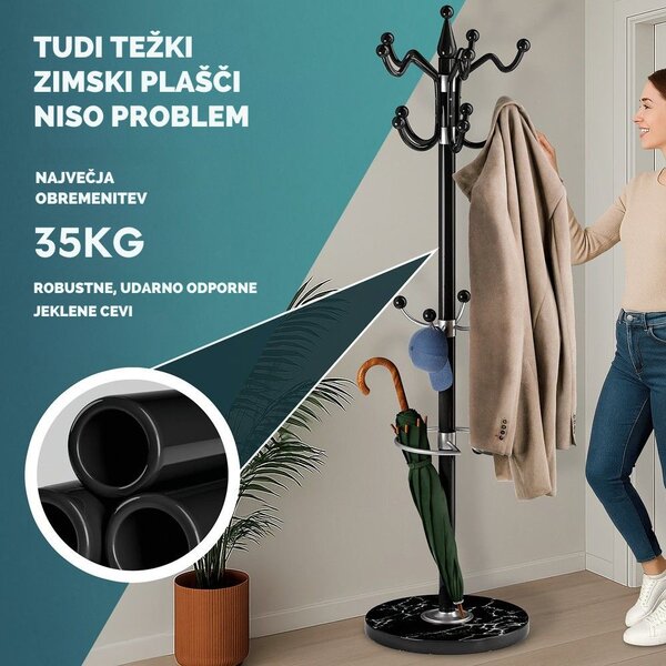 Stoječe obešalo TENZY z marmornim podstavkom, 37x173cm, črno Casaria