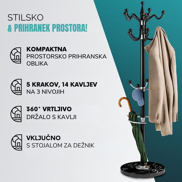 Stoječe obešalo TENZY z marmornim podstavkom, 37x173cm, črno Casaria