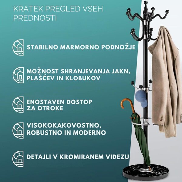Stoječe obešalo TENZY z marmornim podstavkom, 37x173cm, črno Casaria