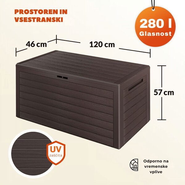 Škatla za shranjevanje WOODEBOX, 280l, 120x46x57cm, temno rjava Prosperplast