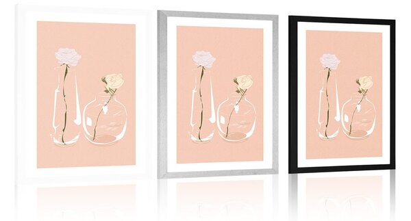 Plakat s paspartujem minimalistični cvetovi v vazi