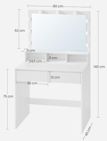 Toaletna miza, miza z 9 LED žarnicami, bela | VASAGLE